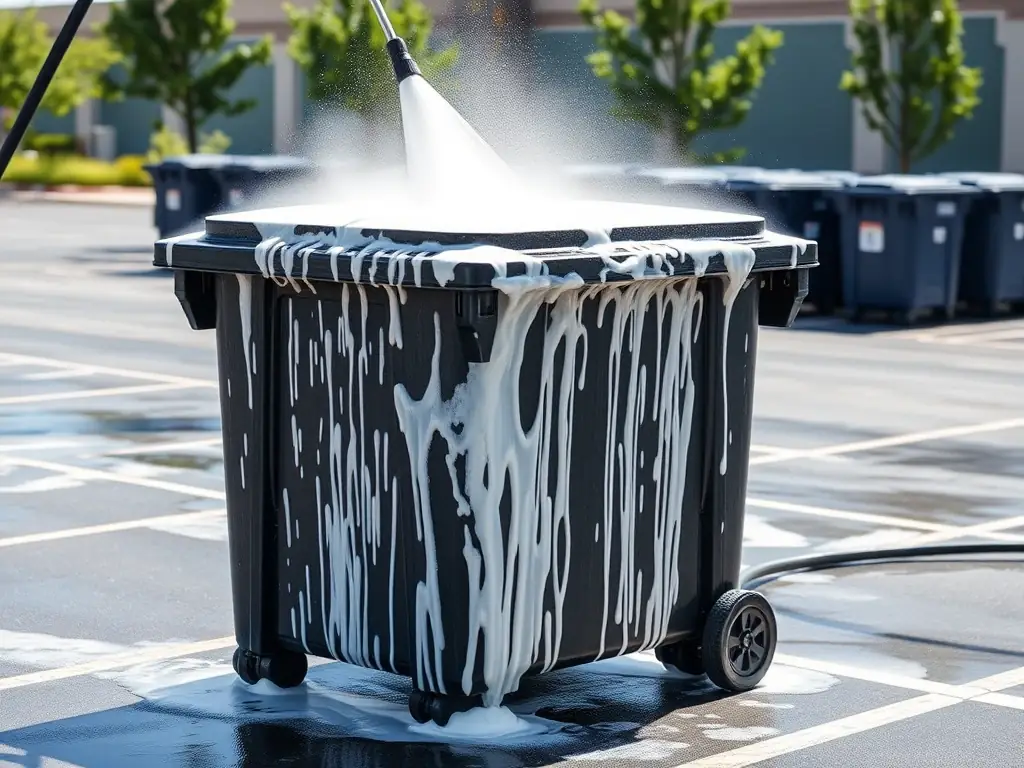 A commercial trash bin being pressure washed with visible foam and clean surroundings, emphasizing professional service. The setting is a commercial area, highlighting the professional and thorough cleaning process.