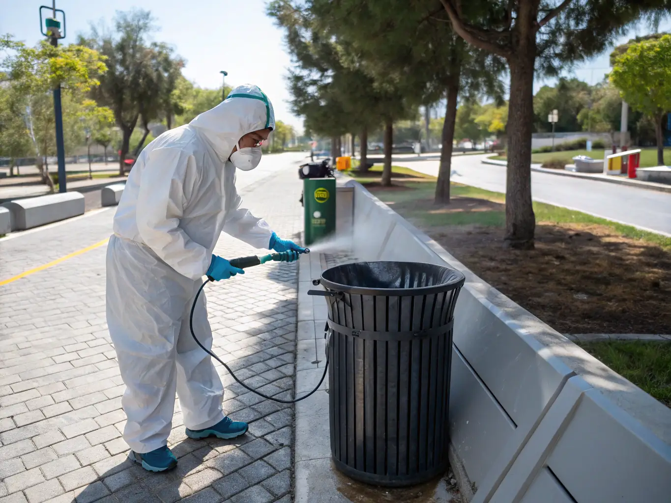A commercial dumpster being disinfected and deodorized, with a focus on the cleanliness and hygiene of the container.