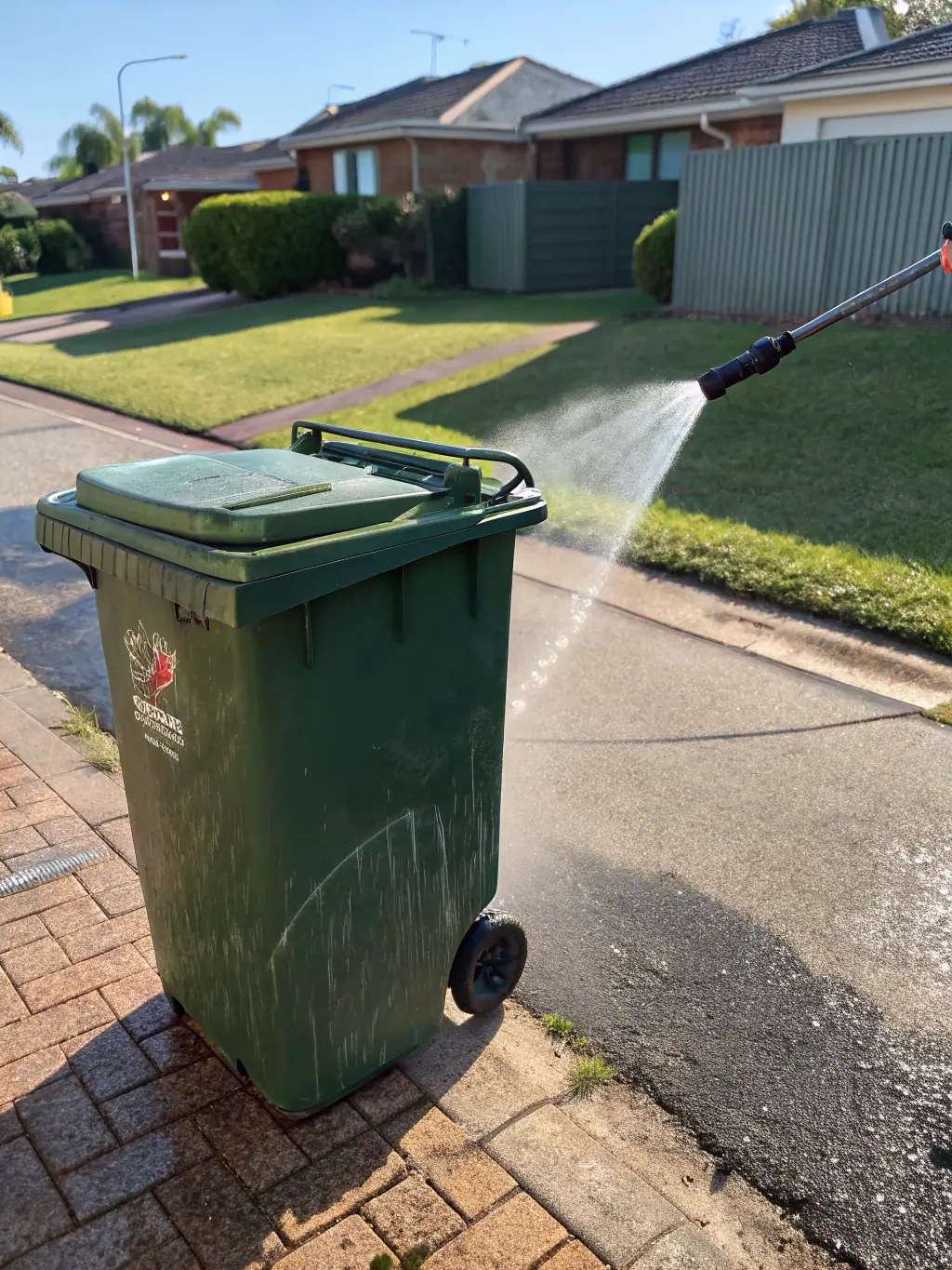A high-pressure water stream cleaning a residential trash bin, removing grime and dirt, with a focus on the cleaning nozzle and the immediate area being cleaned.