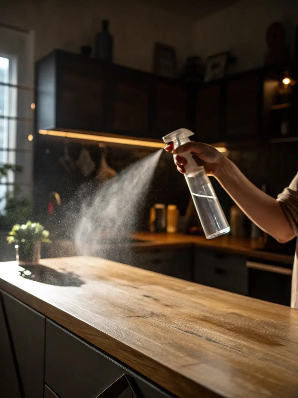 A close-up shot of a trash bin being sanitized with a disinfectant spray, emphasizing the cleanliness and hygiene.